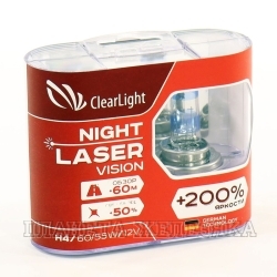 Автолампа 12V H4 60/55W P43t CLEARLIGHT Night Laser Vision Light +200% к-т