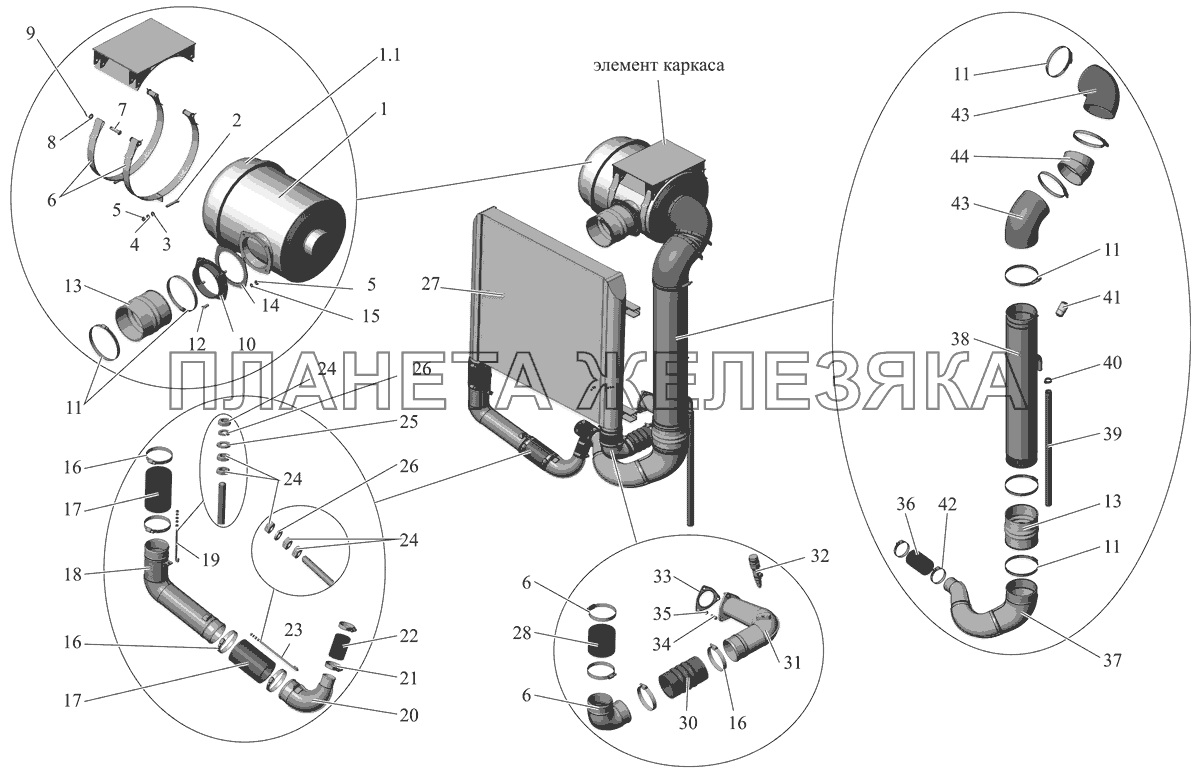 Установка воздухоочистителя и охладителя наддува 103007-1100020 (с увеличенной шахтой моторного отсека, с 2007 года) МАЗ-103 (2011)