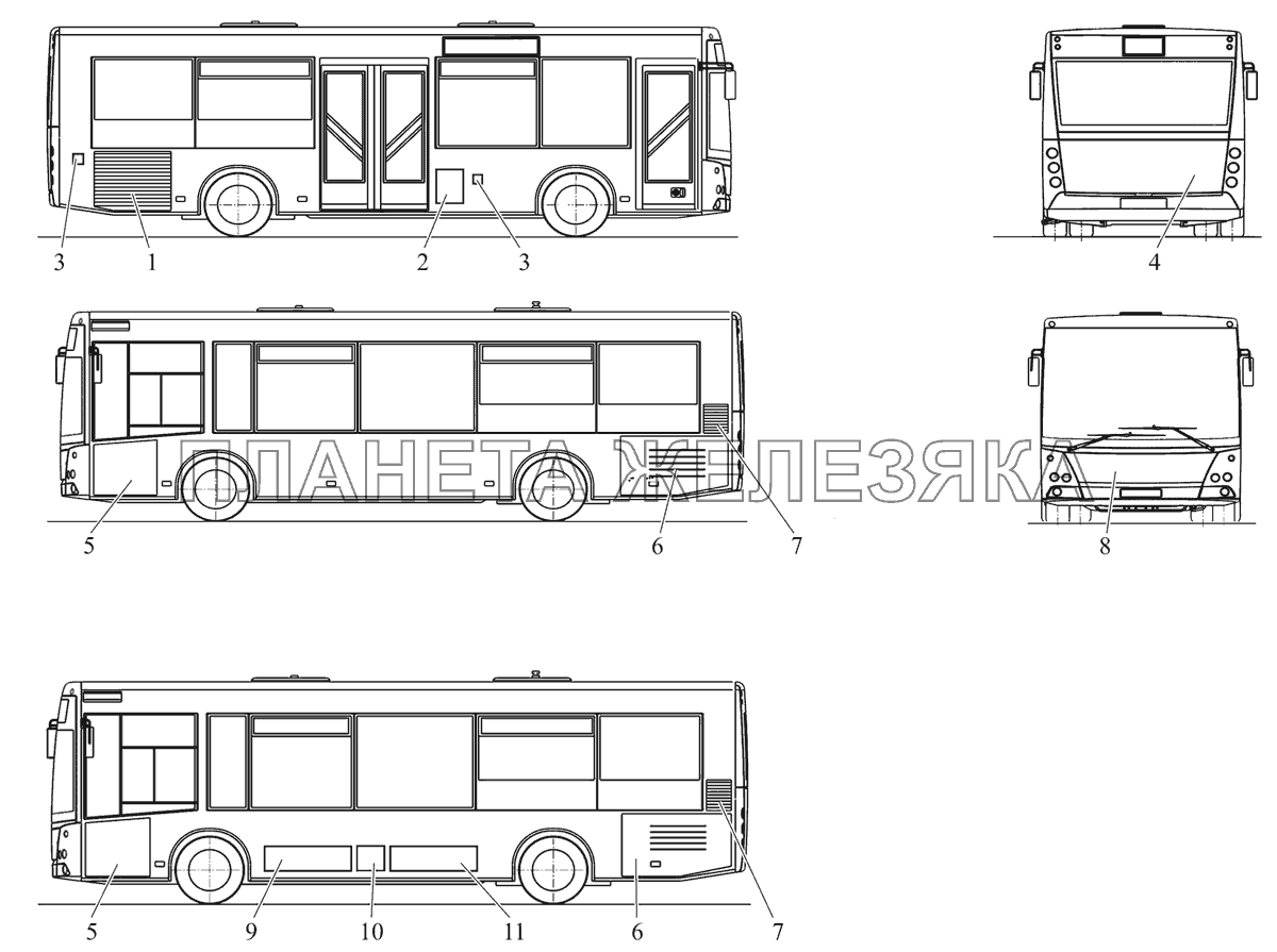Расположение крышек и решеток на кузове МАЗ 206/226 МАЗ-206/226