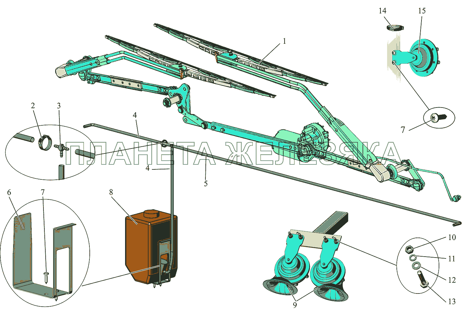 Установка стеклоочистителя, стеклоомывателя и звуковых сигналов МАЗ-215