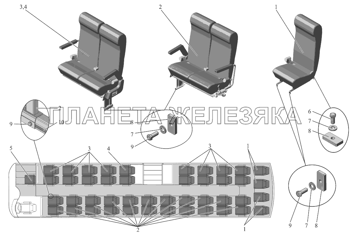 Установка сидений (двухместные сиденья) 251050-6830006-10 МАЗ-251