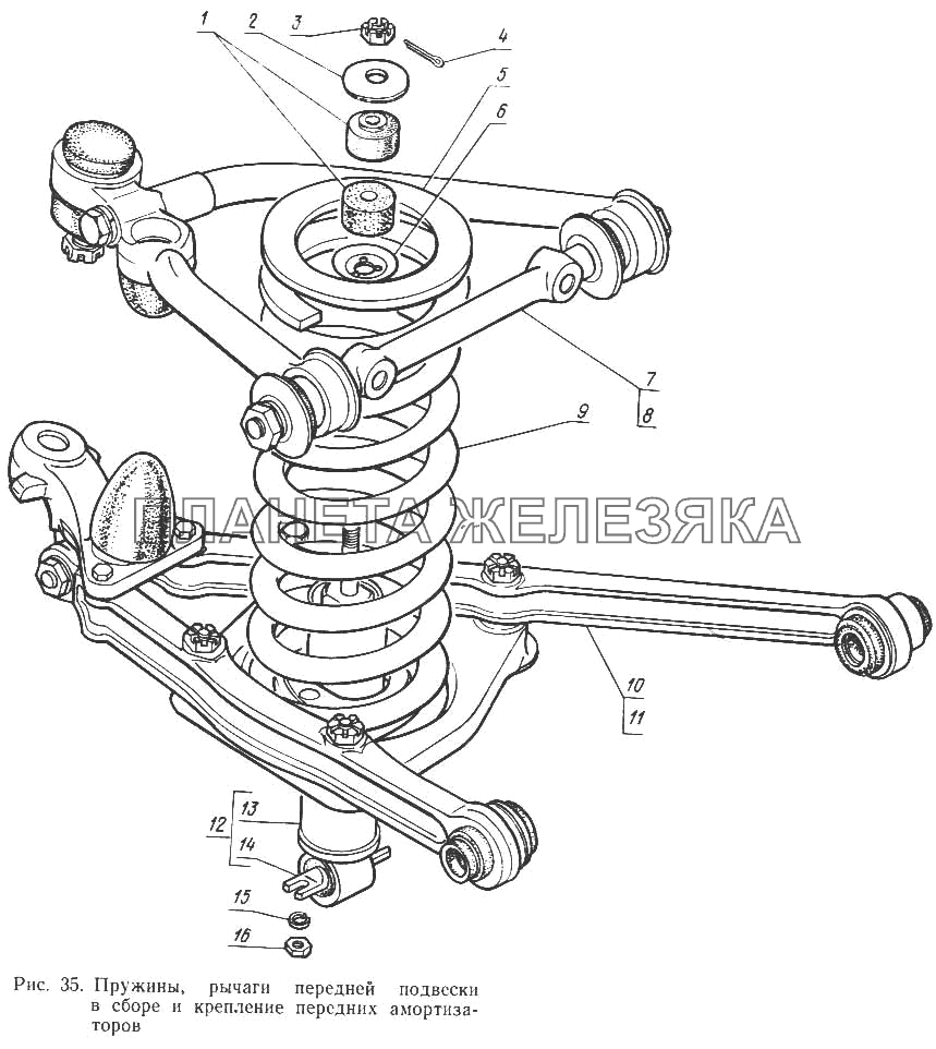 Пружины, рычаги передней подвески в сборе и крепление передних амортизаторов ГАЗ-14 (Чайка)