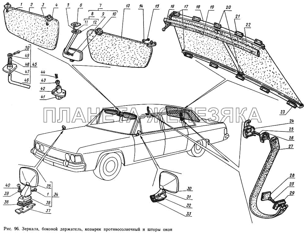 Зеркала, боковой держатель, козырек противосолнечный и шторы окон ГАЗ-14 (Чайка)