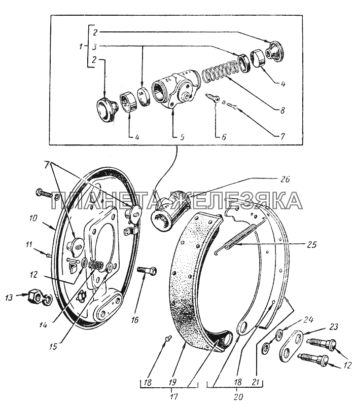 Тормоза задние ножные и тормозные барабаны М20 Победа