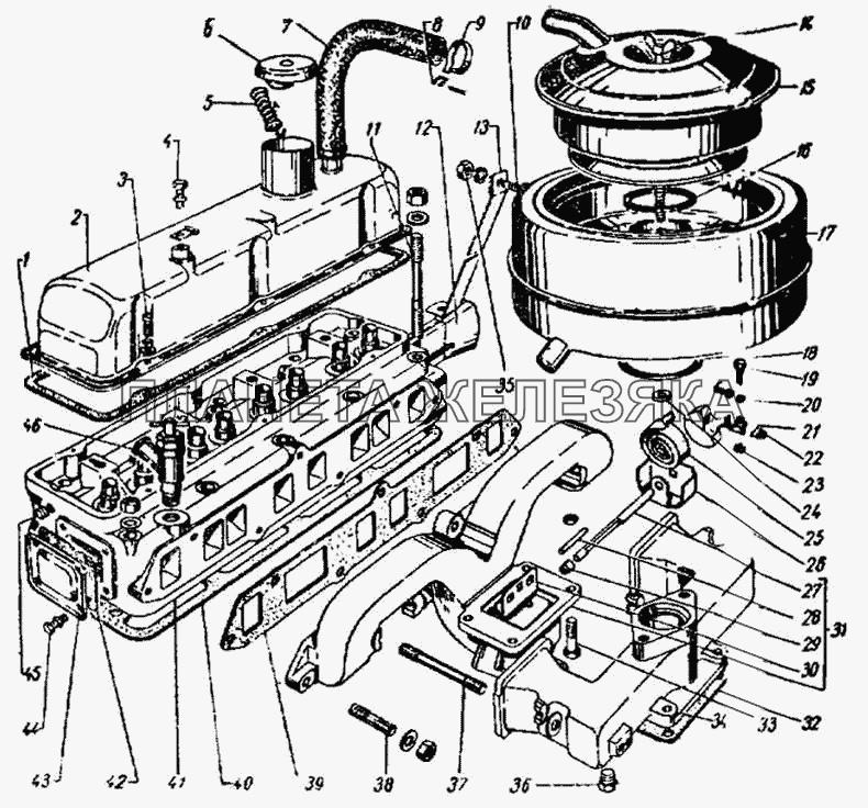 Головка блока, газопровод и воздушный фильтр ГАЗ-21