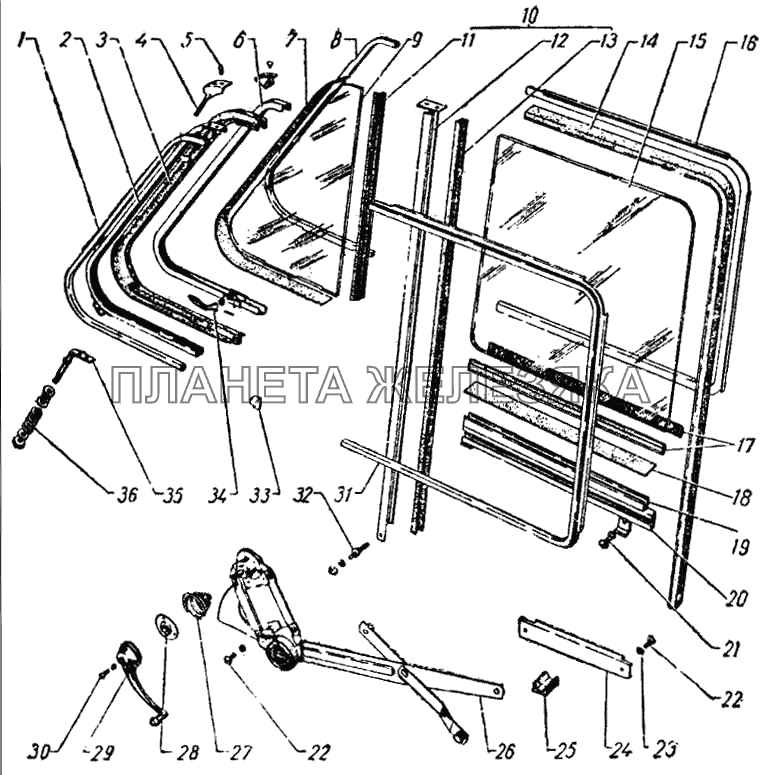 Окно передней двери и механизм перемещения стекол ГАЗ-21
