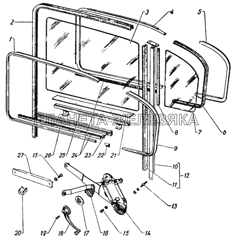 Окно задней двери и механизм перемещения стекол ГАЗ-21
