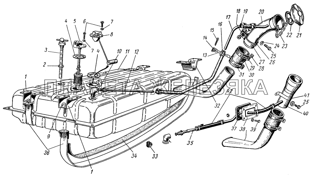Бензиновый бак (для моделей ГАЗ-21Р, ГАЗ-21С, ГАЗ-21Н, ГАЗ-21Т и ГАЗ-22Д) ГАЗ-21 (каталог 69 г.)