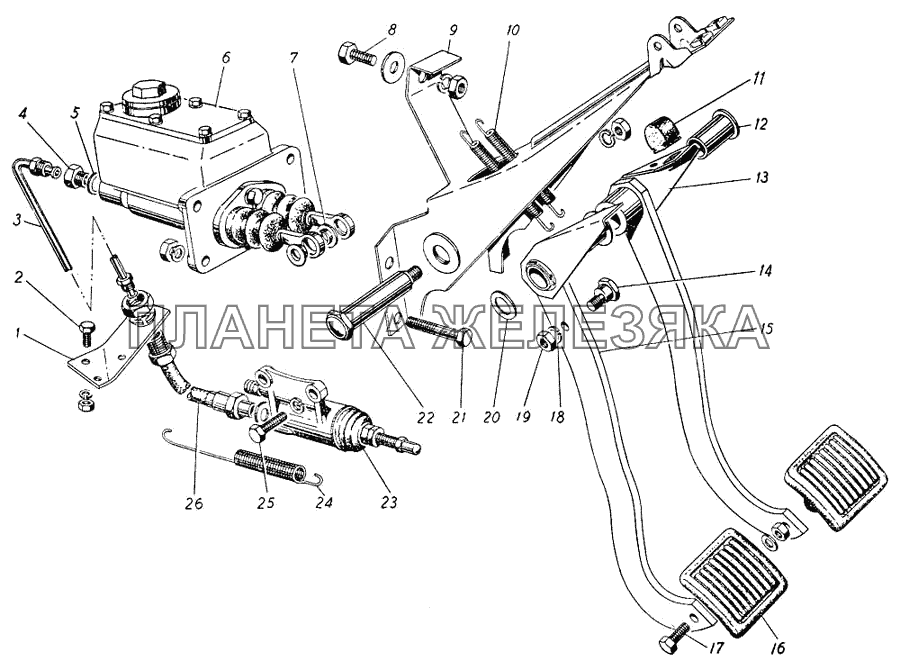 Привод выключения сцепления и тормозная педаль ГАЗ-21 (каталог 69 г.)