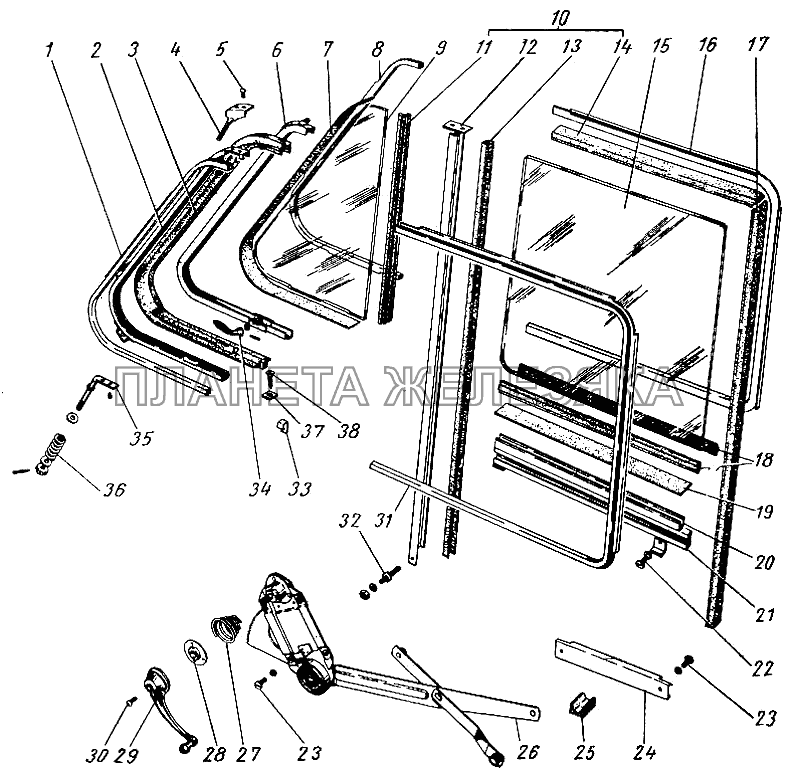 Окно передней двери и механизм перемещения стекол ГАЗ-21 (каталог 69 г.)