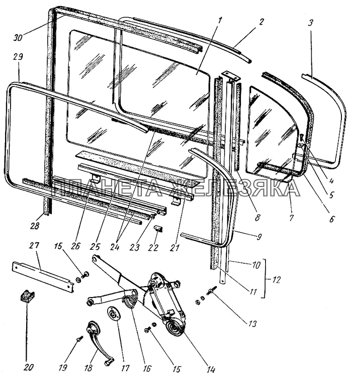 Окно задней двери и механизм перемещения стекол ГАЗ-21 (каталог 69 г.)