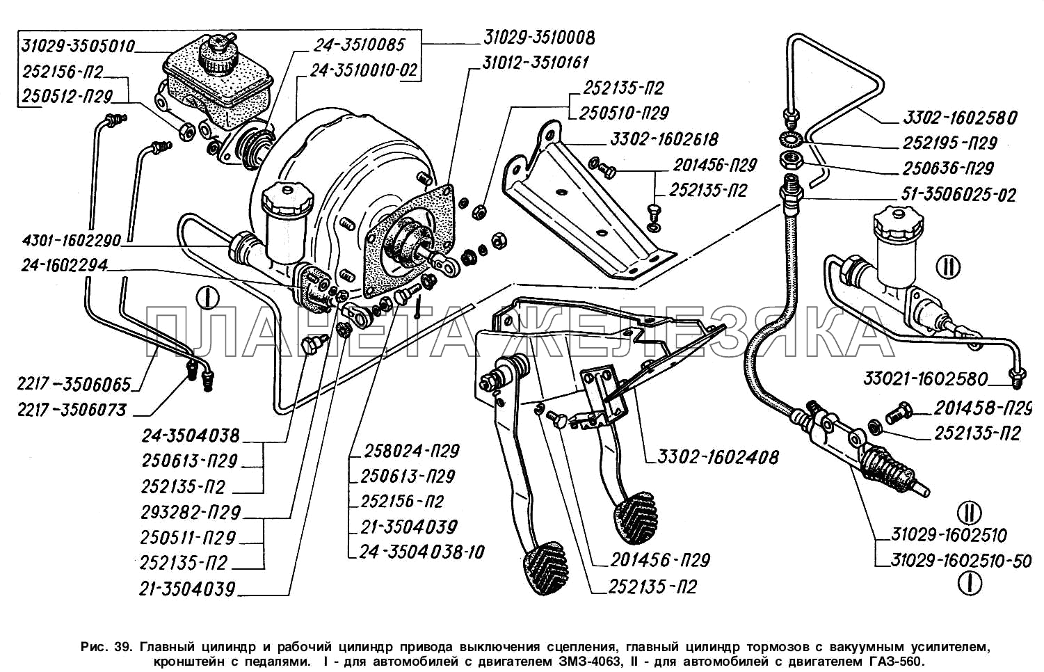 Главный цилиндр и рабочий цилиндр привода выключения сцепления, главный цилиндр тормозов с вакуумным усилителем, кронштейн с педалями: I - для автомобилей с двигателем ЗМЗ-4063, II - для автомобилей с двигателем ГАЗ-560 ГАЗ-2217 (Соболь)