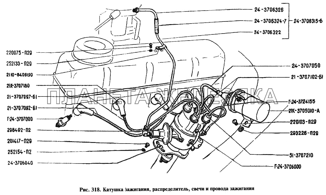 Катушка зажигания, распределитель, свечи привода зажигания ГАЗ-24