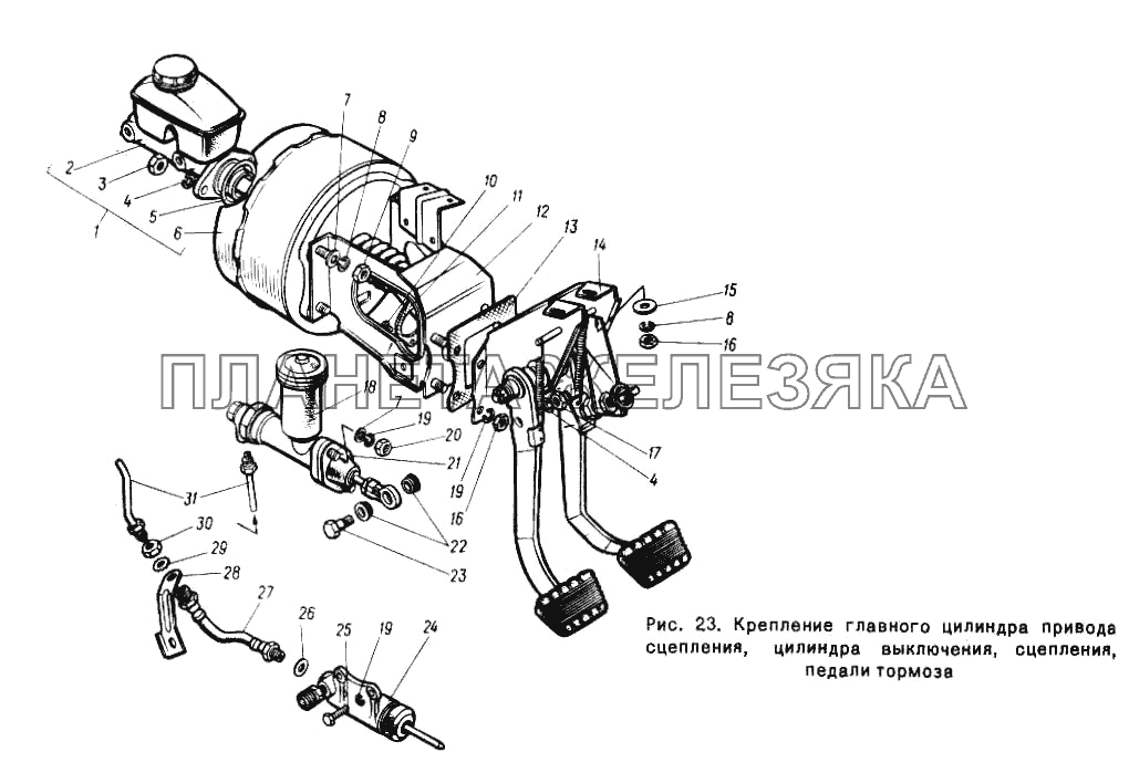 Крепление главного цилиндра привода сцепления, цилиндра выключения, педали тормоза ГАЗ-24-10