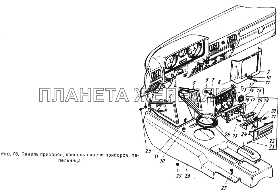 Панель приборов, консоль панели приборов, пепельница ГАЗ-24-10
