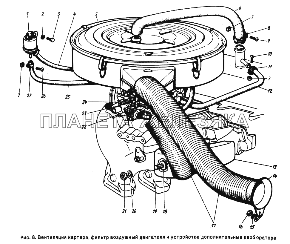 Вентиляция картера, фильтр воздушный двигателя и устройства дополнительного карбюратора ГАЗ-24-10