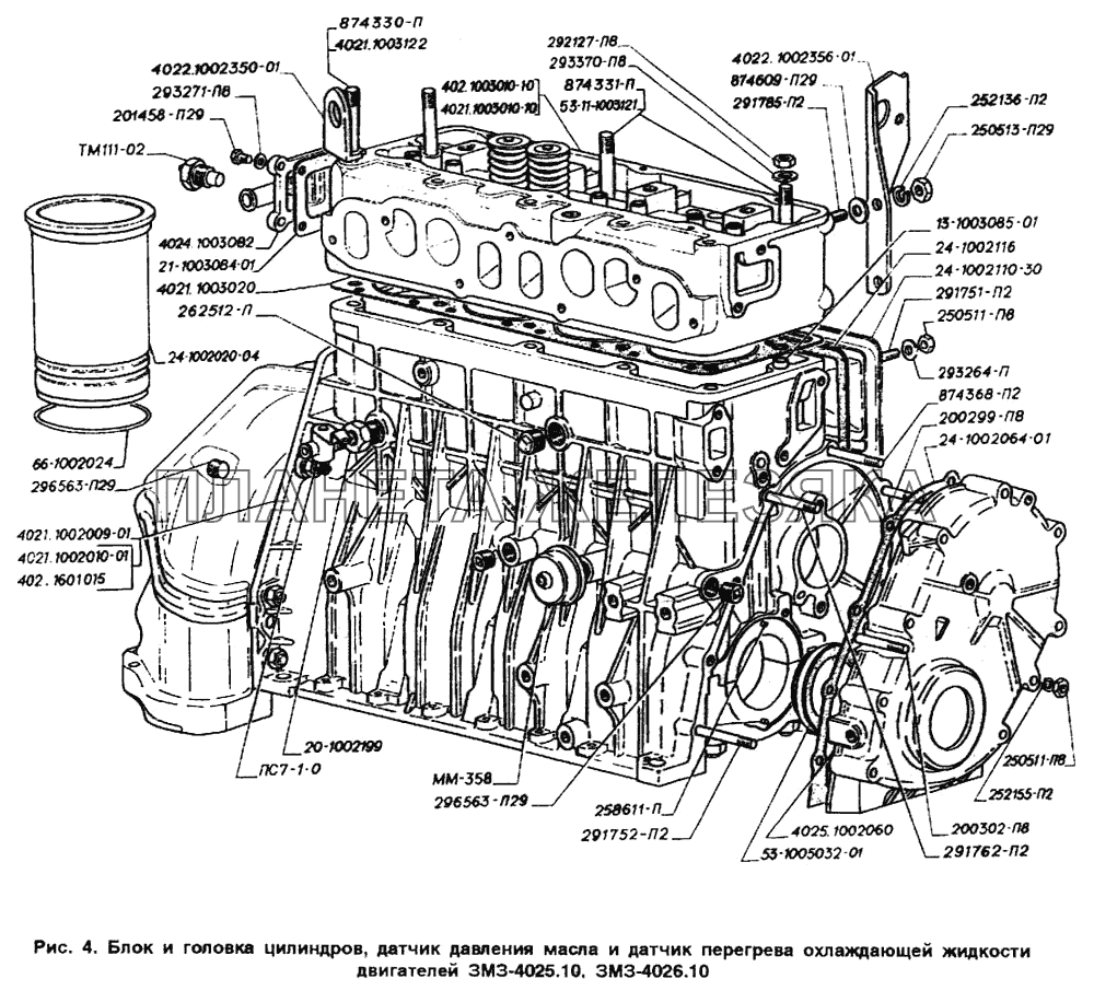 Блок и головка цилиндров, датчик давления масла и датчик перегрева охлаждающей жидкости двигателей ЗМЗ-4025.10, ЗМЗ-4026.10 ГАЗ-2705 (ГАЗель)