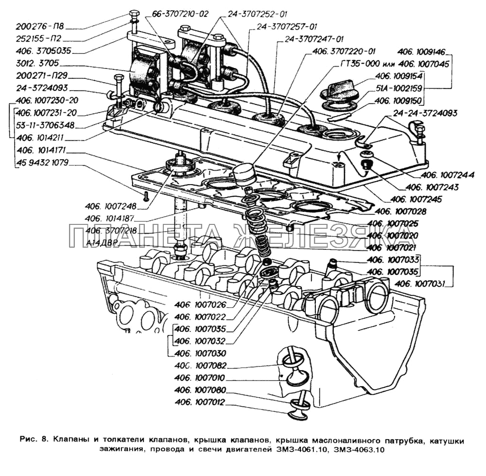 Клапаны и толкатели клапанов, крышка клапанов, крышка маслоналивного патрубка, катушки зажигания, провода и свечи двигателей ЗМЗ-4061.10, ЗМЗ-4063.10 ГАЗ-2705 (ГАЗель)