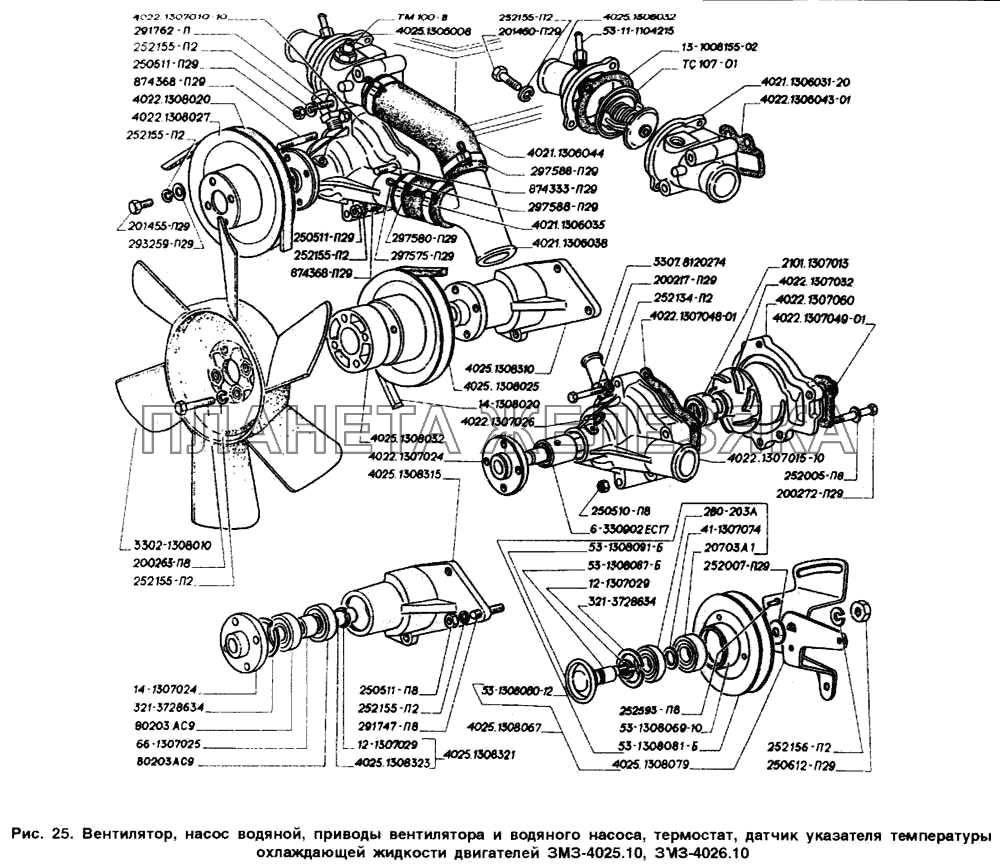 Вентилятор, насос водяной, приводы вентилятора и водяного насоса, термостат, датчик указателя температуры охлаждающей жидкости двигателей ЗМЗ-4025.10, ЗМЗ-4026.10 ГАЗ-2705 (ГАЗель)