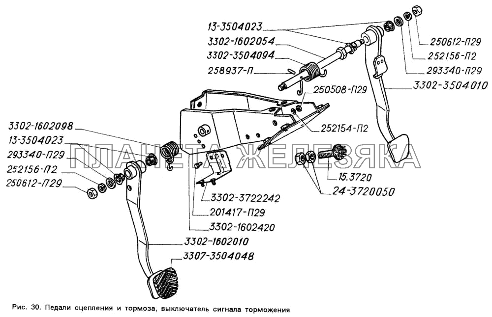 Педали сцепления и тормоза, выключатель сигнала торможения ГАЗ-2705 (ГАЗель)