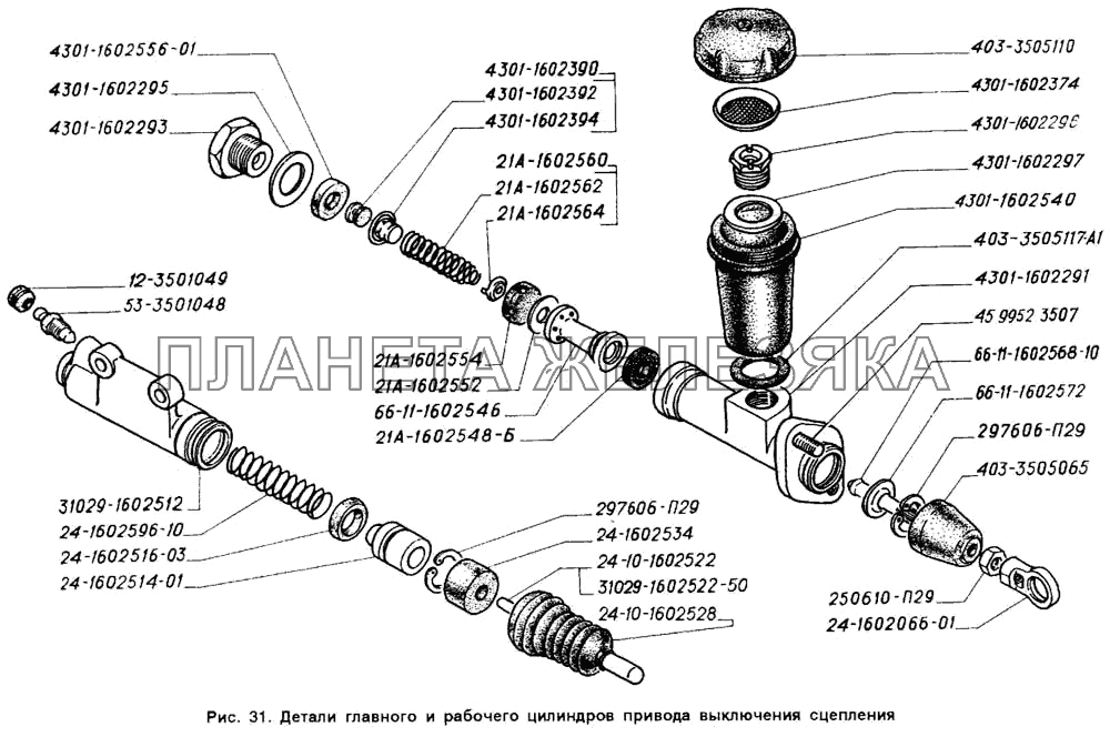 Детали главного и рабочего цилиндров привода выключения сцепления ГАЗ-2705 (ГАЗель)