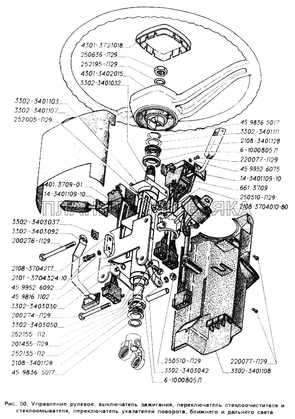 Управление рулевое, выключатель зажигания, переключатель стеклоочистителя и стеклоомывателя, переключатель указателей поворота, ближнего и дальнего света ГАЗ-2705 (ГАЗель)