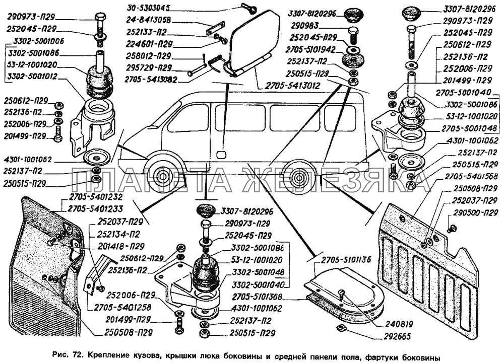 Крепление кузова, крышки люка боковины и средней панели пола, фартуки боковины ГАЗ-2705 (ГАЗель)