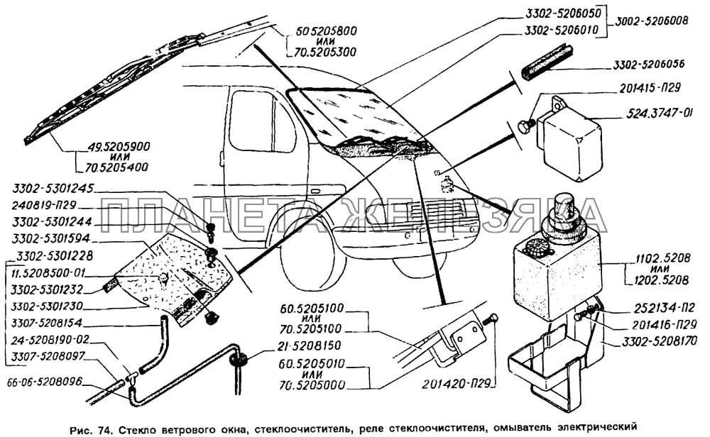 Стекло ветрового окна, стеклоочиститель, реле стеклоочистителя, омыватель электрический ГАЗ-2705 (ГАЗель)