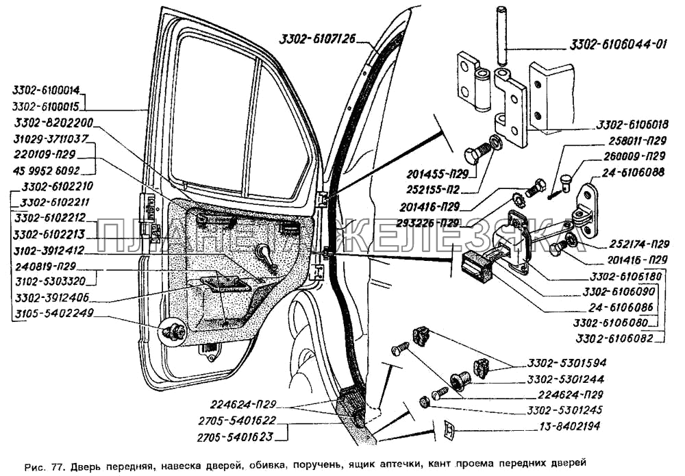 Дверь передняя, навеска дверей, обивка, поручень, ящик аптечки, кант проема передних дверей ГАЗ-2705 (ГАЗель)