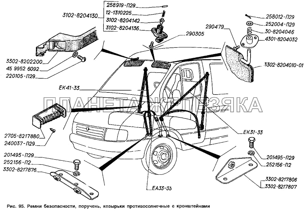 Ремни безопасности, поручень, козырьки противосолнечные с кронштейнами ГАЗ-2705 (ГАЗель)