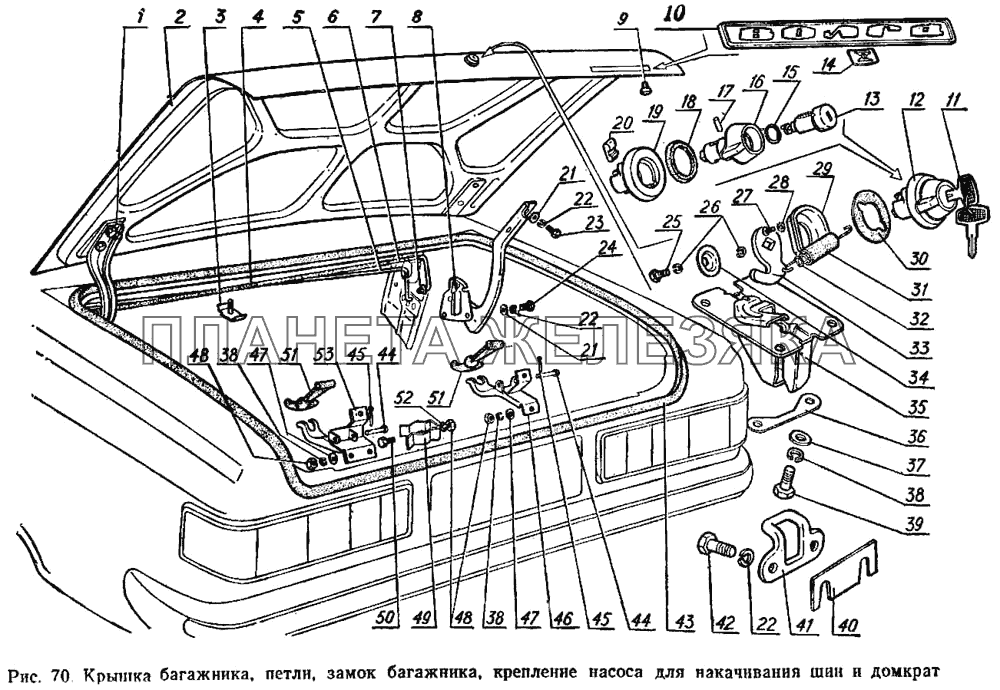 Крышка багажника, петли, замок багажника, крепление насоса для накачивания шин и домкрат ГАЗ-3102