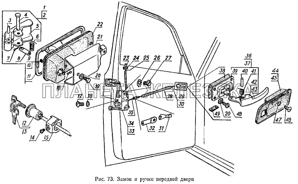 Замок и ручки передней двери ГАЗ-3102