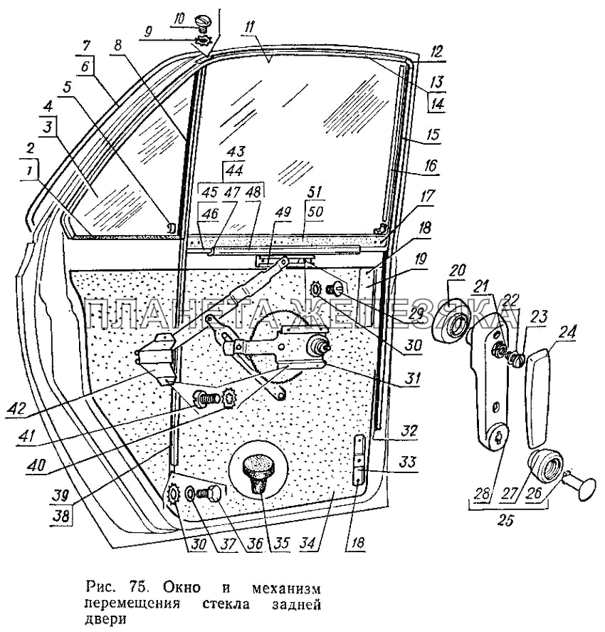 Окно и механизм перемещения стекла задней двери ГАЗ-3102