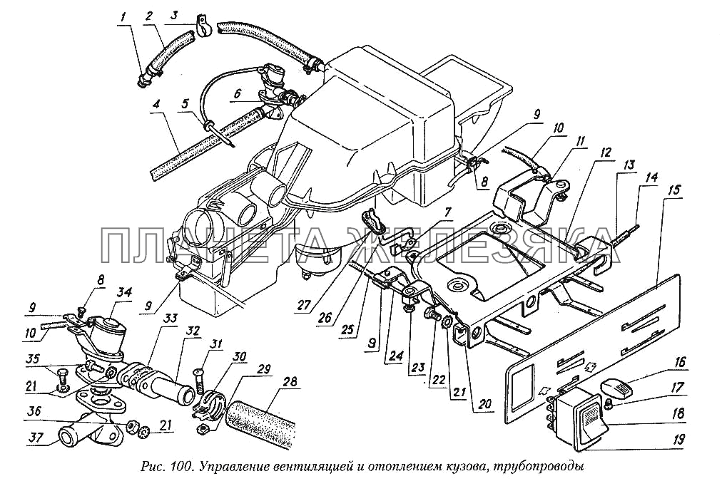 Управление вентиляцией и отоплением кузова, трубопроводы ГАЗ-31029