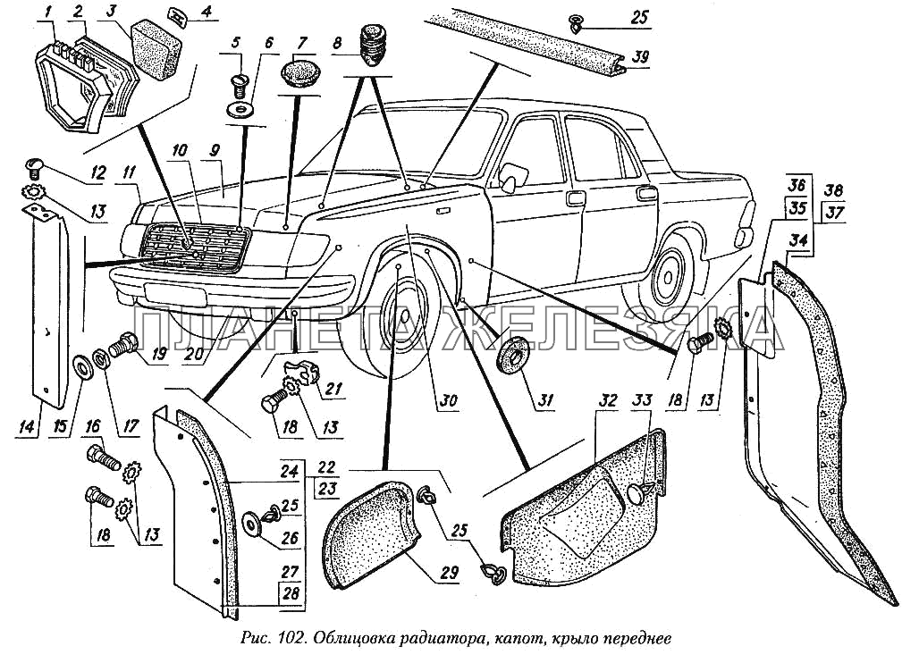 Облицовка радиатора, капот, крыло переднее ГАЗ-31029