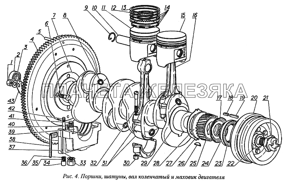 Поршни, шатуны, вал коленчатый и маховик двигателя ГАЗ-31029