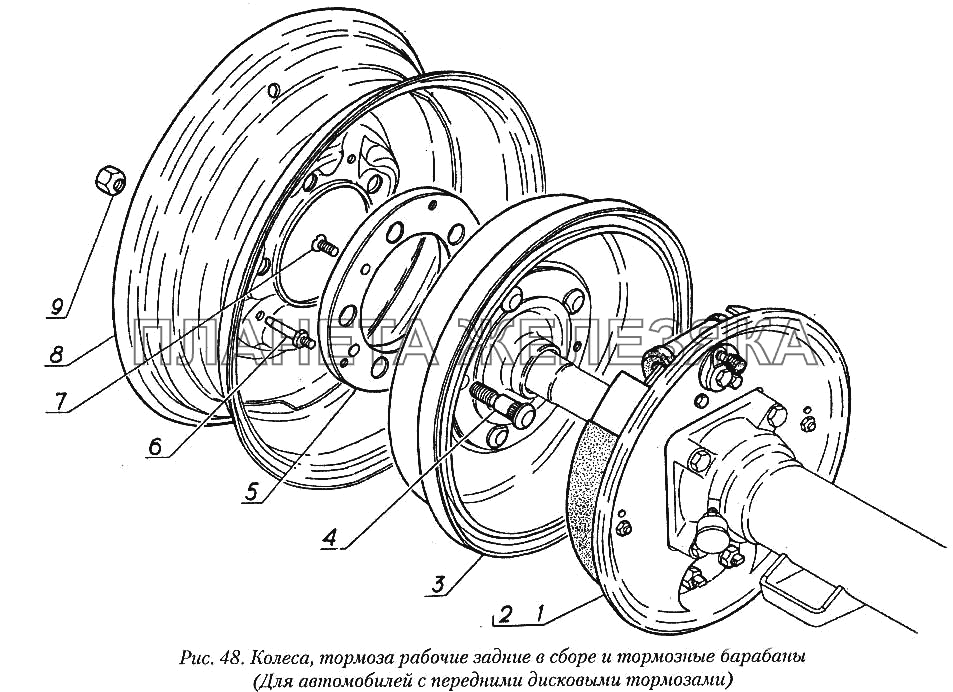 Колеса, тормоза рабочие задние в сборе и тормозные барабаны (для автомобилей с передними дисковыми тормозами) ГАЗ-31029