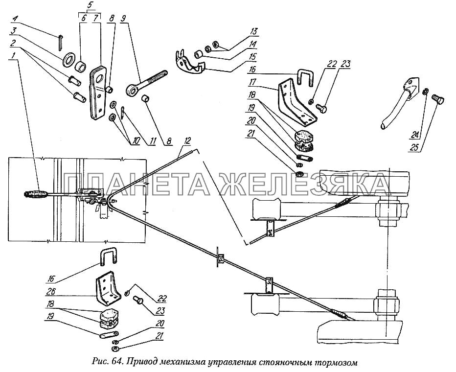 Привод механизма управления стояночным тормозом ГАЗ-31029