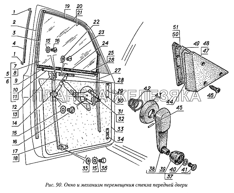 Окно и механизм перемещения стекла передней двери ГАЗ-31029