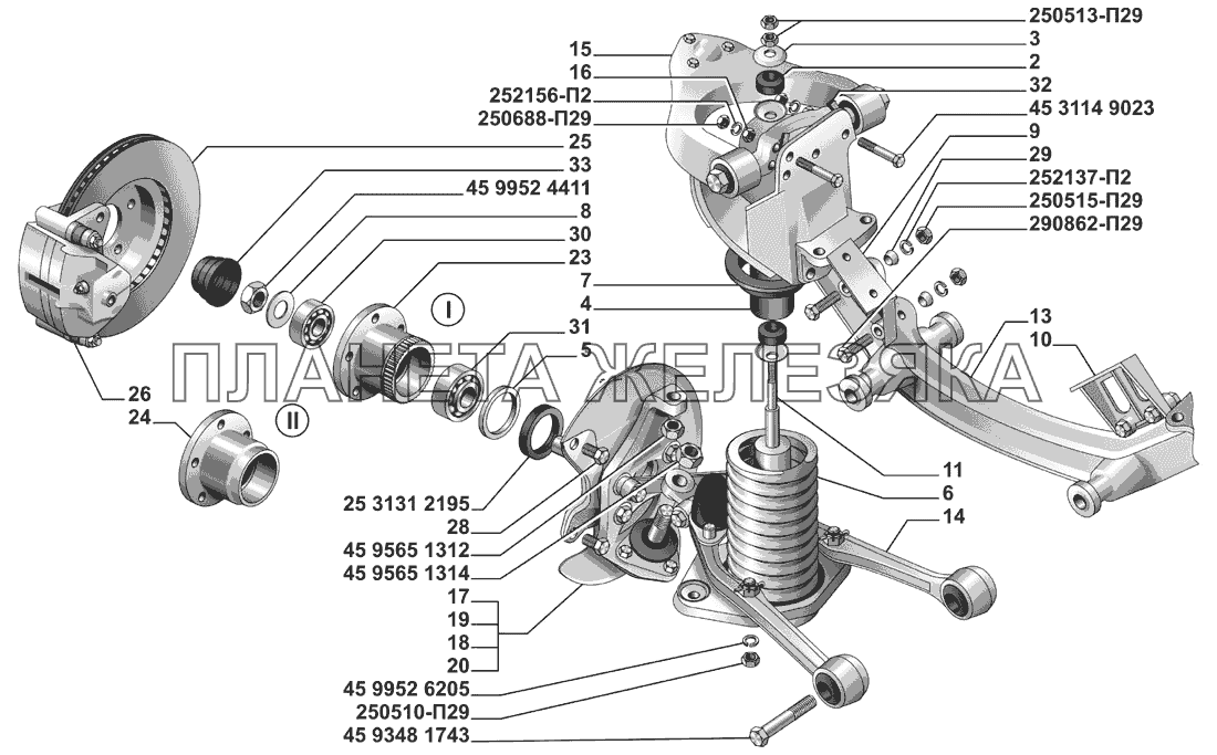 Подвеска передняя с тормозами: I-с АБС тормозов, II-без АБС ГАЗ-3102, 3110 (дополнение)