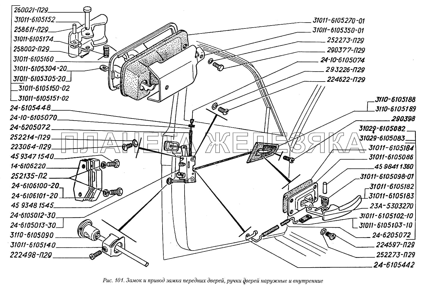 Замок и привод замка передних дверей, ручки дверей наружные и внутренние ГАЗ-3110