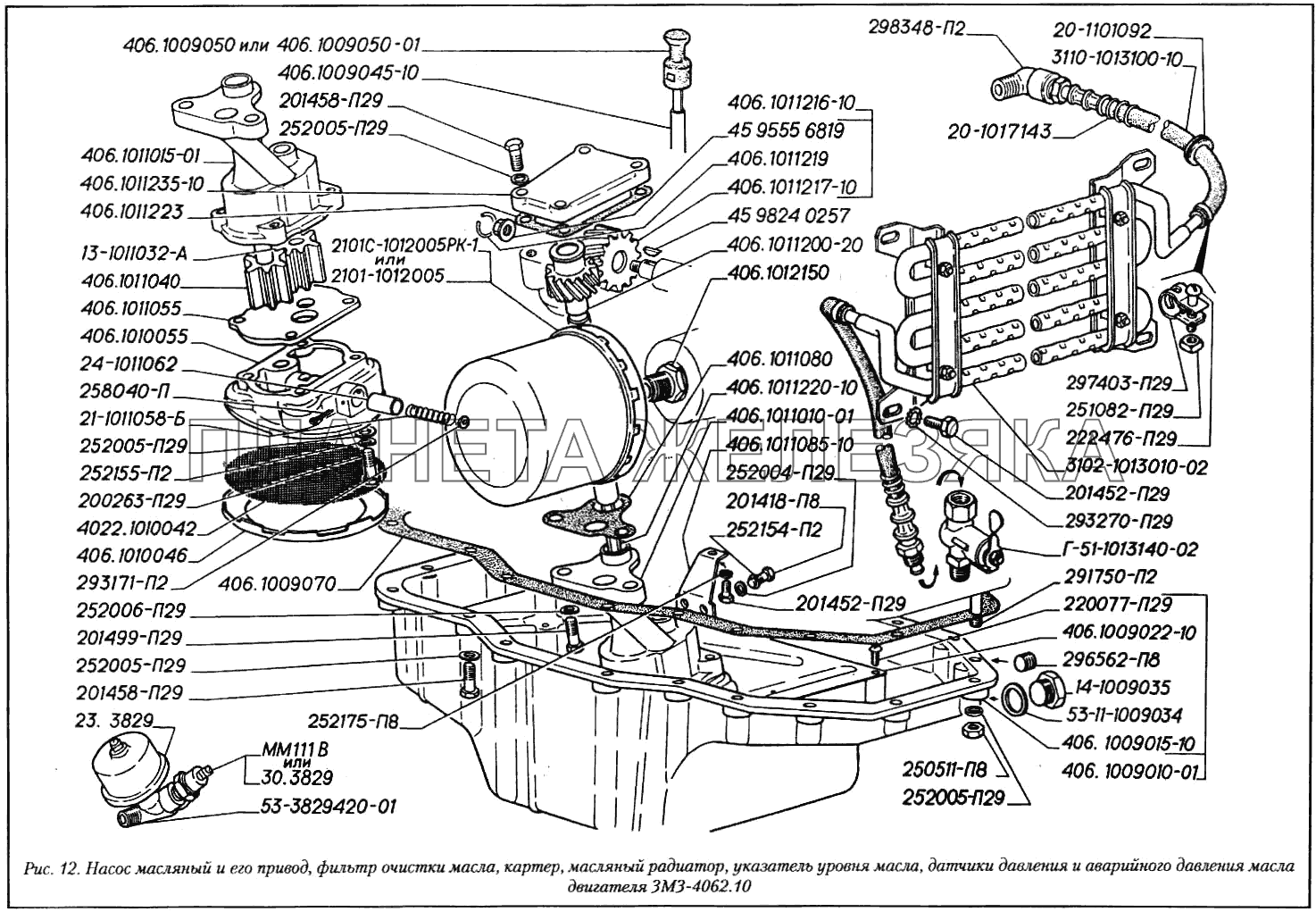 Насос масляный и его привод, фильтр очистки масла, картер, масляный радиатор, указатель уровня масла, датчики давления и аварийного давления масла двигателя ЗМЗ-4062.10 ГАЗ-3110