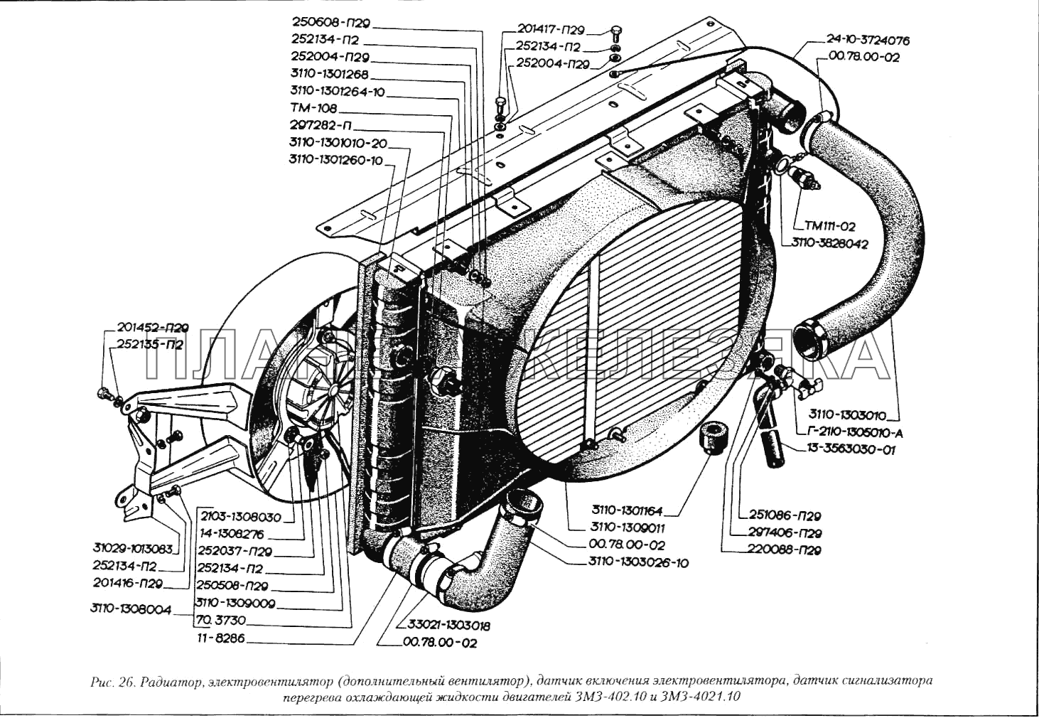 Радиатор, электровентилятор (дополнительный вентилятор), датчик включения электровентилятора, датчик сигнализатора перегрева охлаждающей жидкости двигателей ЗМЗ-402.10 и ЗМЗ-4021.10 ГАЗ-3110