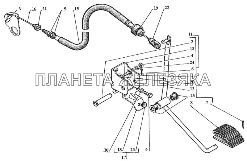 Привод воздушной дроссельной заслонки двигателя, педаль акселератора ГАЗ-3111