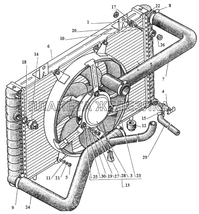 Радиатор, электровентилятор, датчик включения электровентилятора ГАЗ-3111