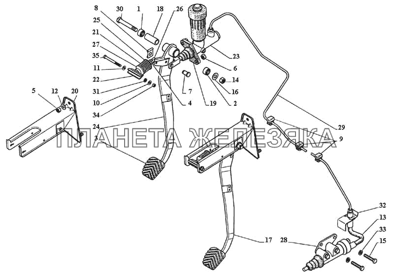 Привод выключения сцепления, главный и рабочий цилиндры, педаль сцепления ГАЗ-3111