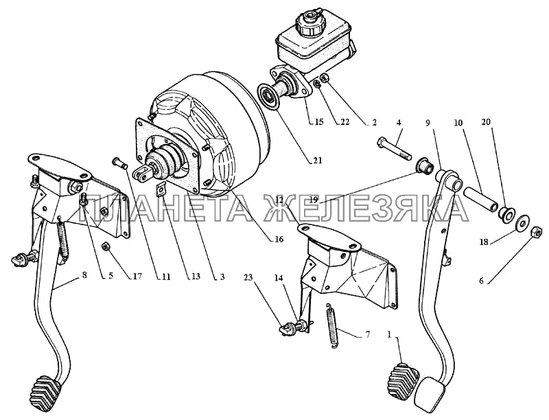 Педаль тормоза с кронштейном, цилиндр главный тормозов, усилитель вакуумный ГАЗ-3111