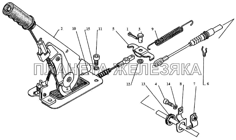 Привод стояночного тормоза, рычаг управления с тросом в сборе ГАЗ-3111