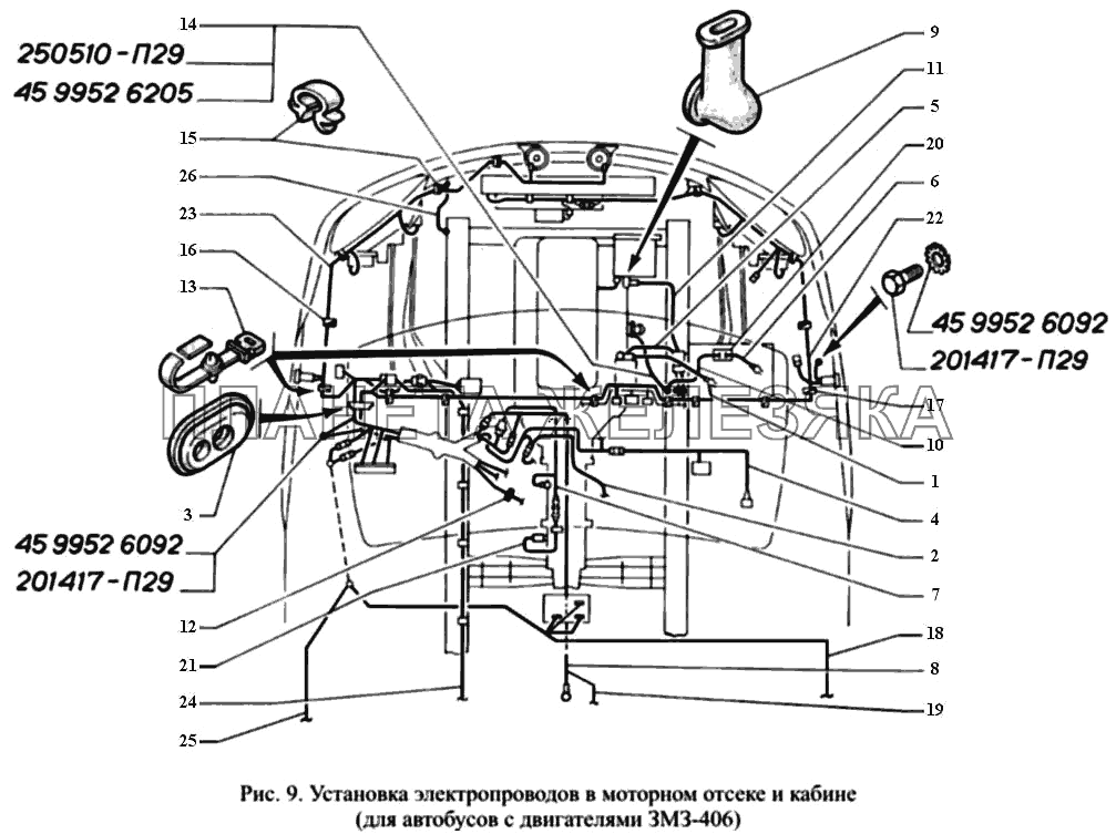 Установка электропроводов в моторном отсеке и кабине (для автобусов с двигателем ЗМЗ-406) ГАЗ-3221