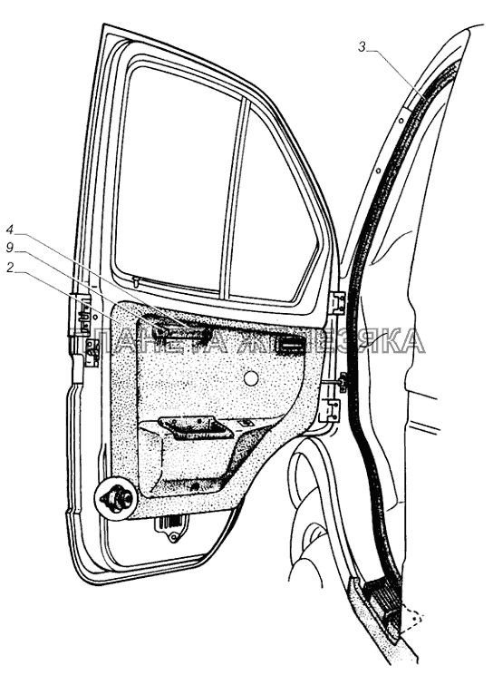 3302-6102002-01. Установка обивки двери ГАЗ-3302 (с двиг. УМЗ)